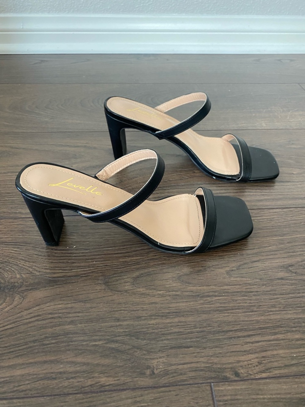 New Black Double-Strap Square Toe Block Heel Sandals